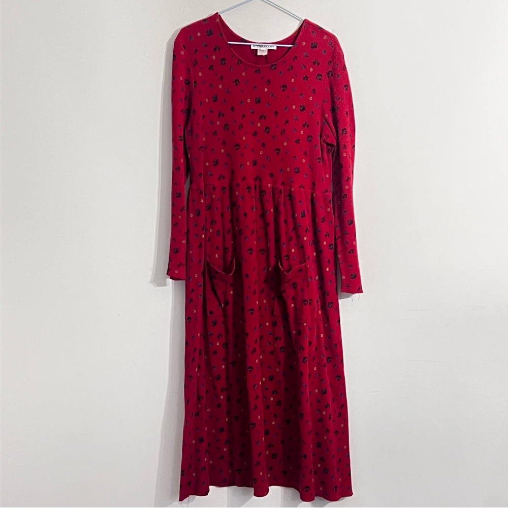90s Red Floral Midi Dress w/ Pockets Cottagecore Made in USA Size Large 🟦